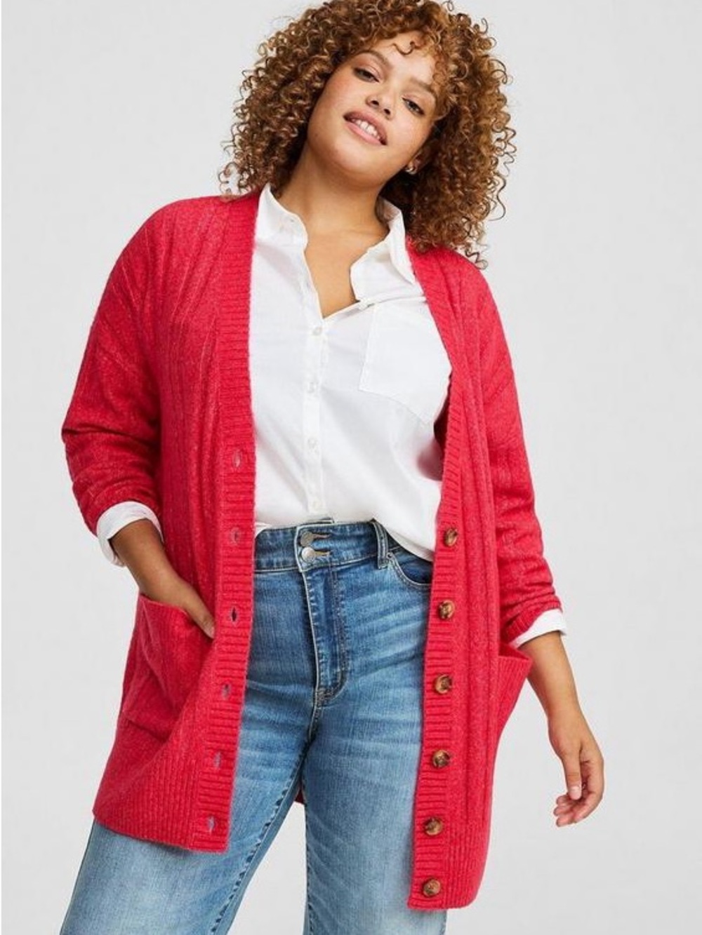 torrid Red Ribbed Button-Front Cardigan with Pockets - Picture 3 of 3
